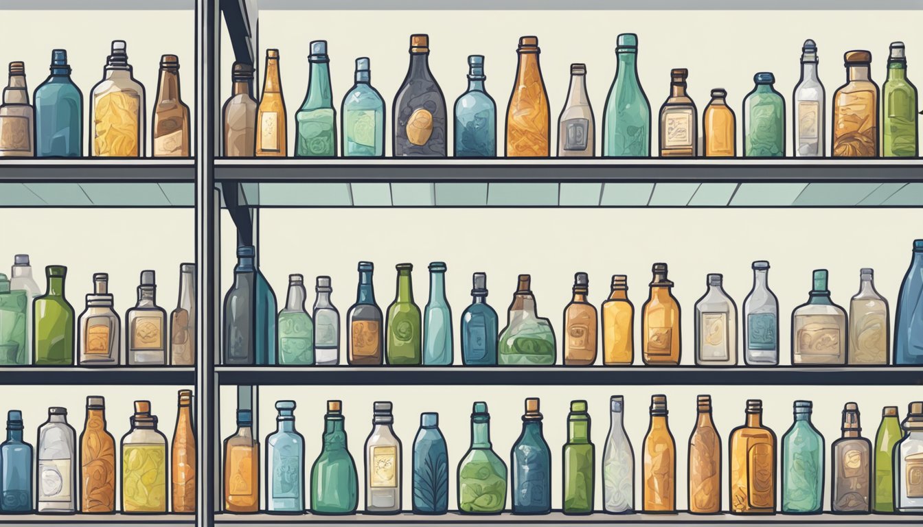 A hand reaches for a clear glass bottle on a shelf in a modern, well-lit store in Singapore. The bottle is surrounded by other glass bottles of various shapes and sizes, each neatly displayed