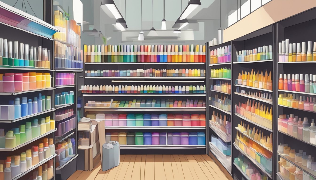 A well-lit art supply store displays shelves stocked with colorful paints, brushes, sketchbooks, and various craft materials in Singapore