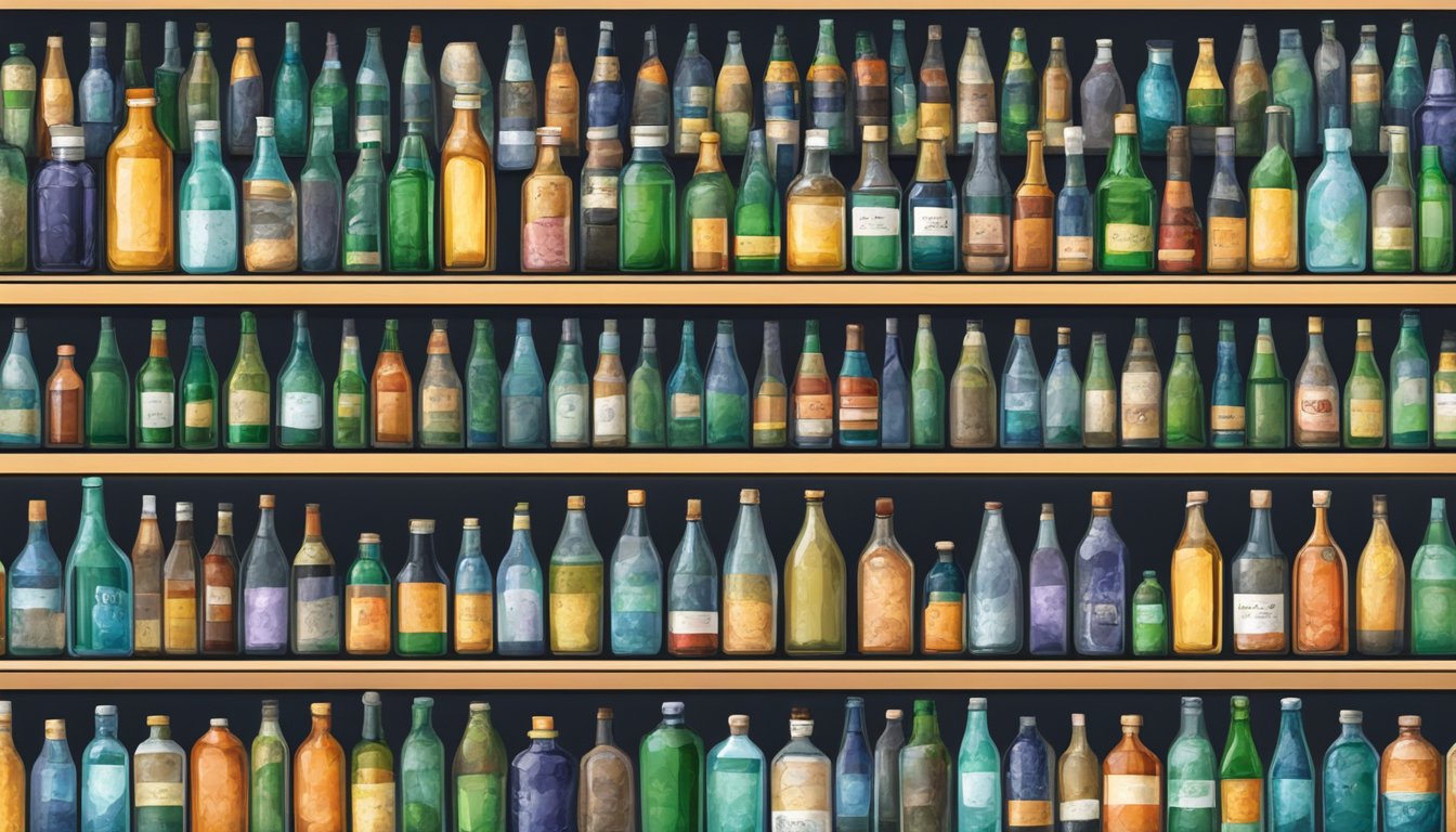 A shelf filled with various glass bottles, neatly organized in a store in Singapore. Labels indicate different sizes and types for sale
