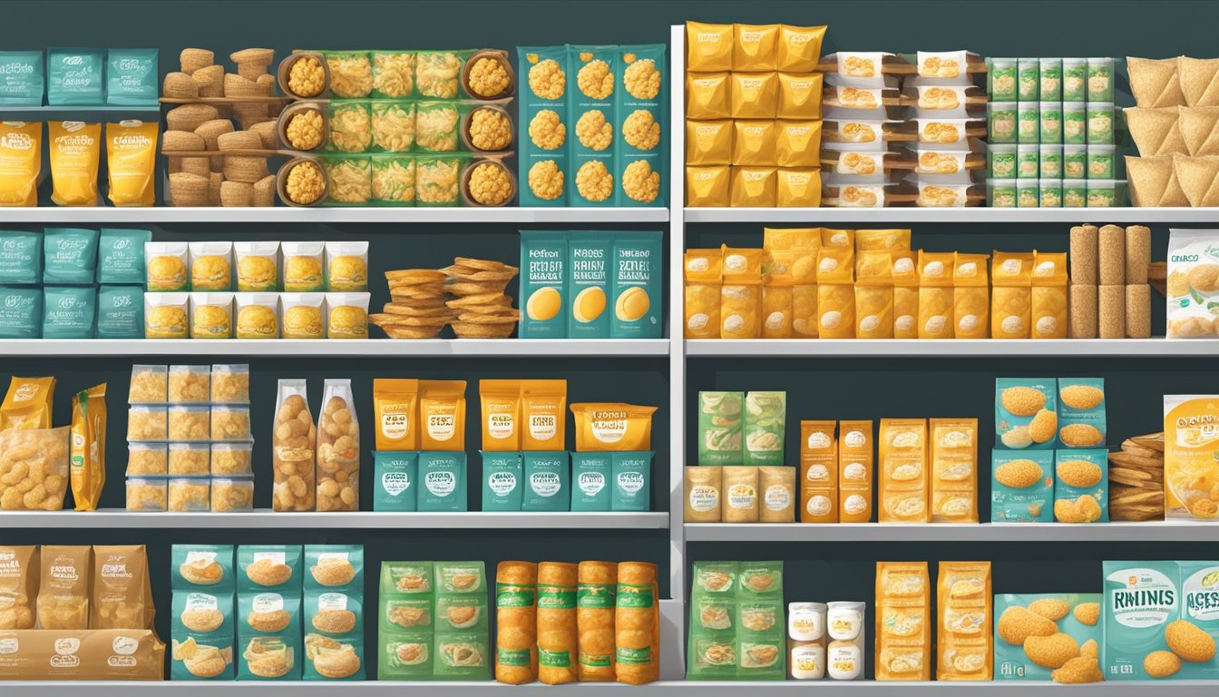 A display of various product sizes and varieties of Irvins Salted Egg snacks in a Singaporean grocery store
