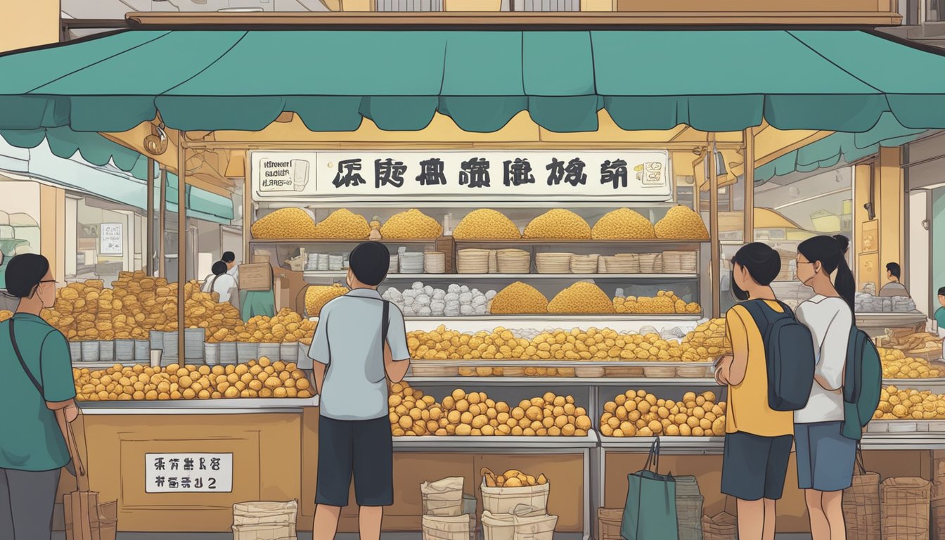 A crowded Singapore market stall with a sign reading "Frequently Asked Questions: where to buy Irvin's Salted Egg" prominently displayed