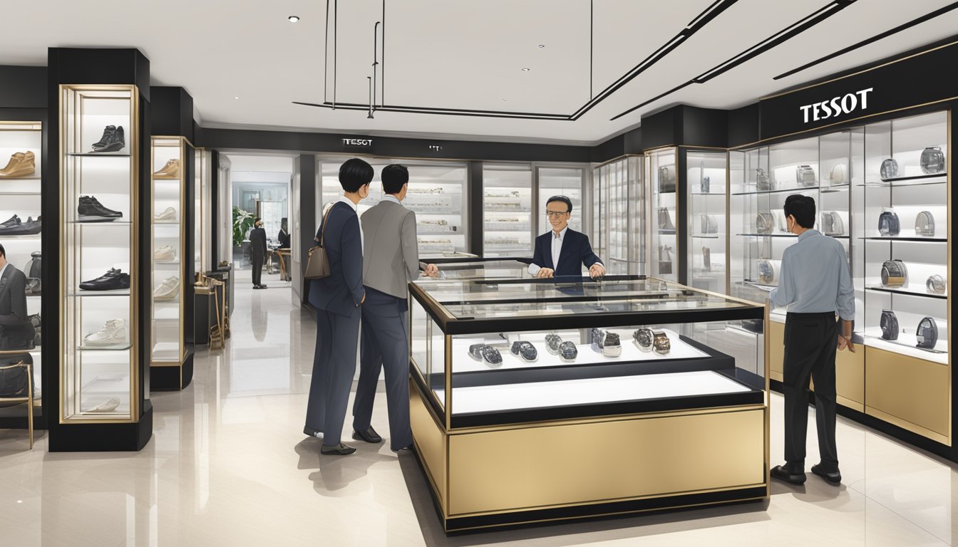 A bustling luxury watch boutique in Singapore, with elegant Tissot timepieces displayed in glass cases and a knowledgeable salesperson assisting a customer