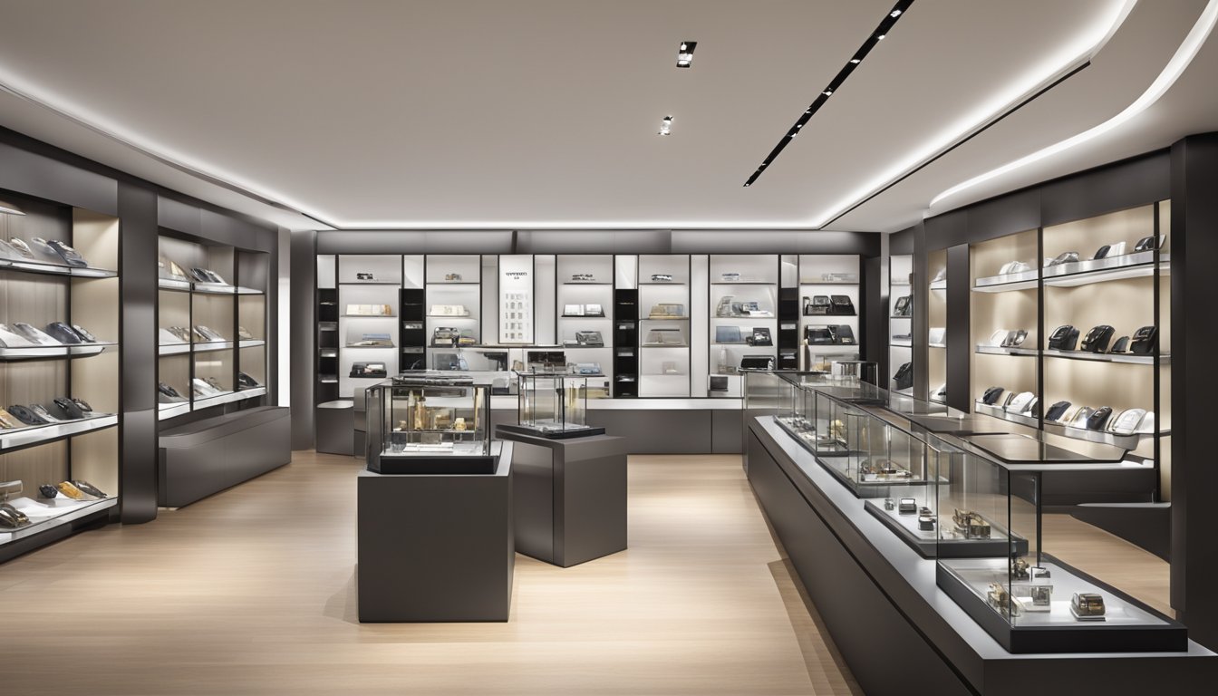 A display of Tissot's watch collections in a sleek and modern boutique setting, with various styles and designs showcased on elegant stands and glass shelves