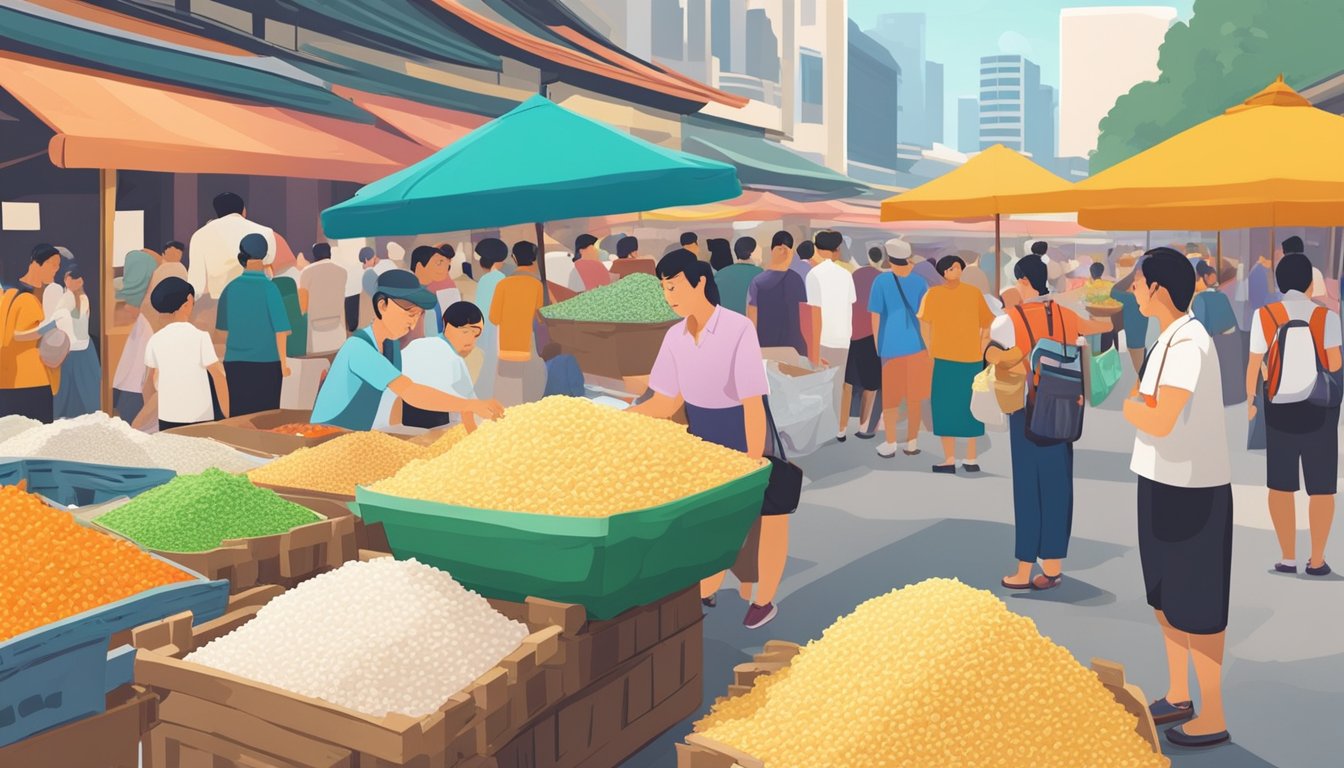 A bustling market in Singapore, with vendors selling fresh grated tapioca in colorful piles, surrounded by curious onlookers