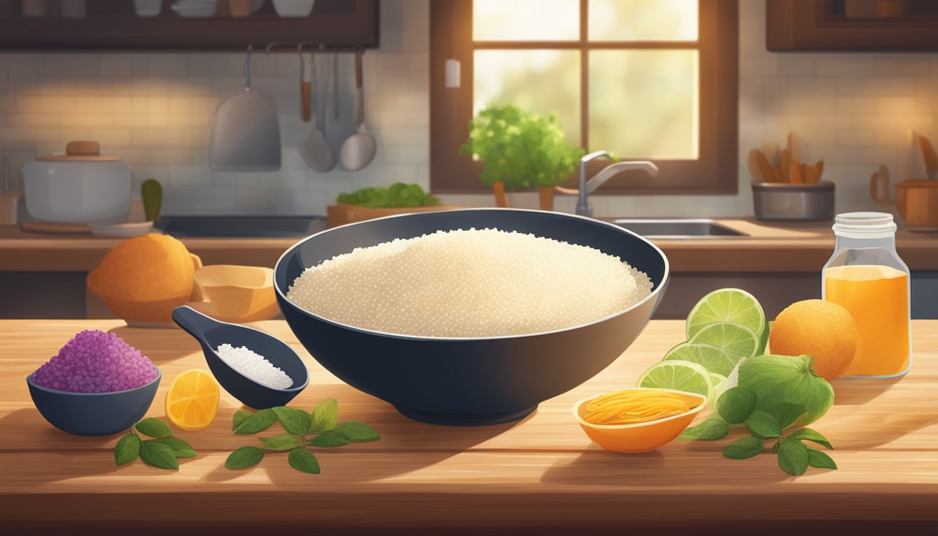 A bowl of grated tapioca sits on a wooden cutting board, surrounded by fresh ingredients and kitchen utensils. The warm glow of the kitchen lights highlights the texture of the tapioca, inviting the viewer to imagine the culinary delights that could be created with