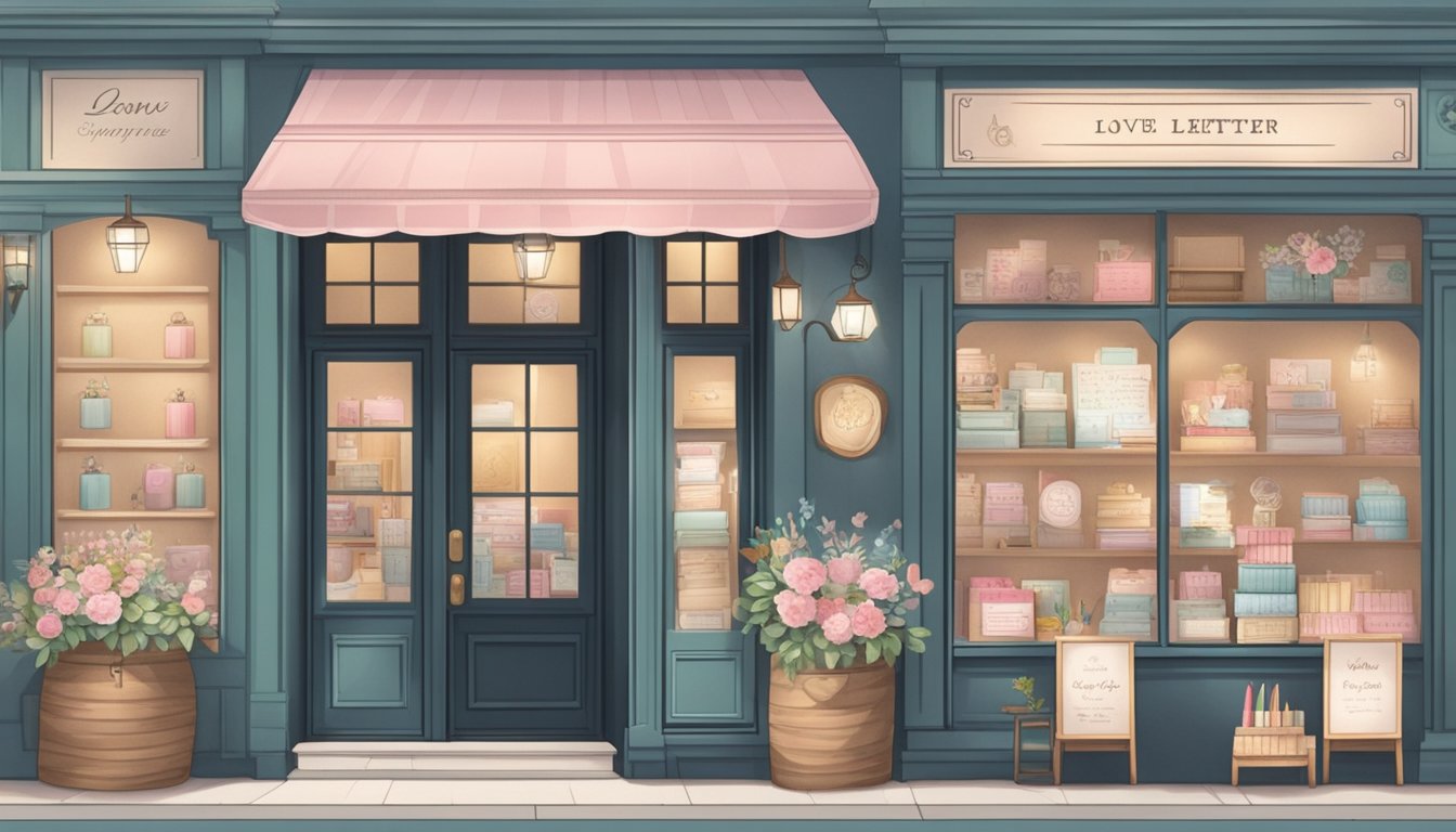 A cozy stationery shop in Singapore showcases a love letter maker display, complete with elegant paper, decorative pens, and romantic embellishments