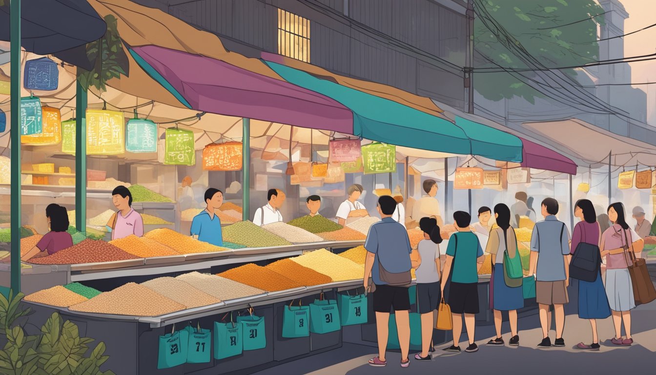 A bustling market stall in Singapore displays bags of grated tapioca with colorful signage, as customers inquire about the product
