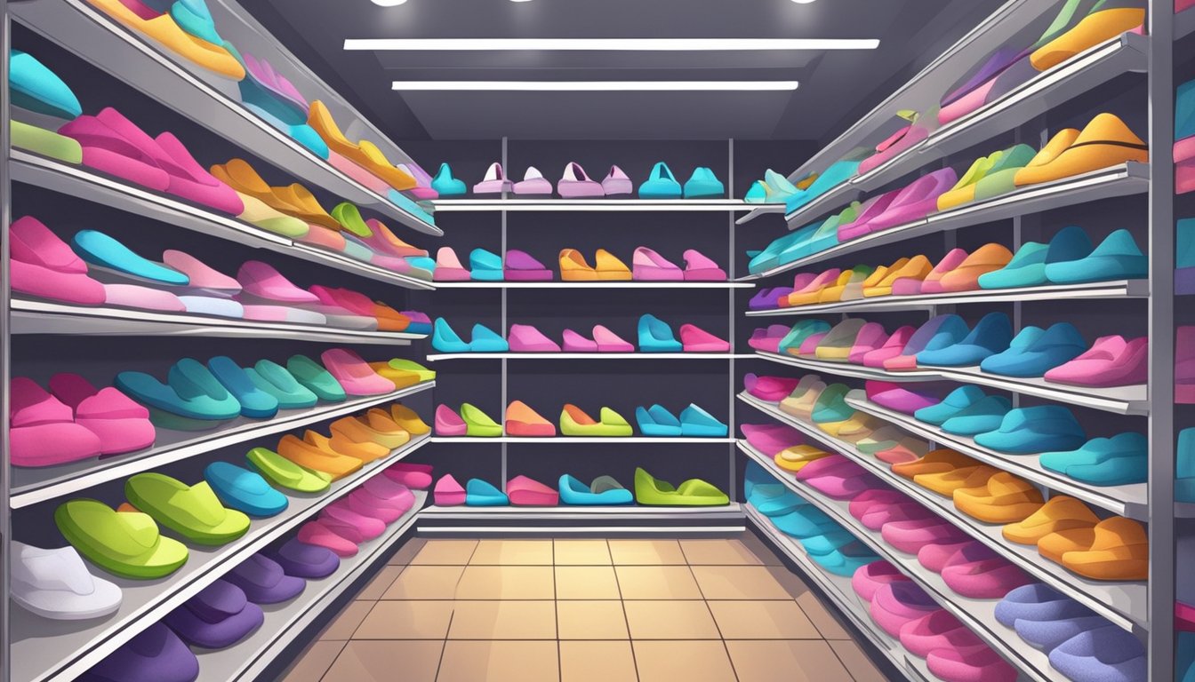 A display of colorful bathroom slippers on shelves in a well-lit boutique in Singapore. Various sizes and styles are neatly arranged for easy browsing