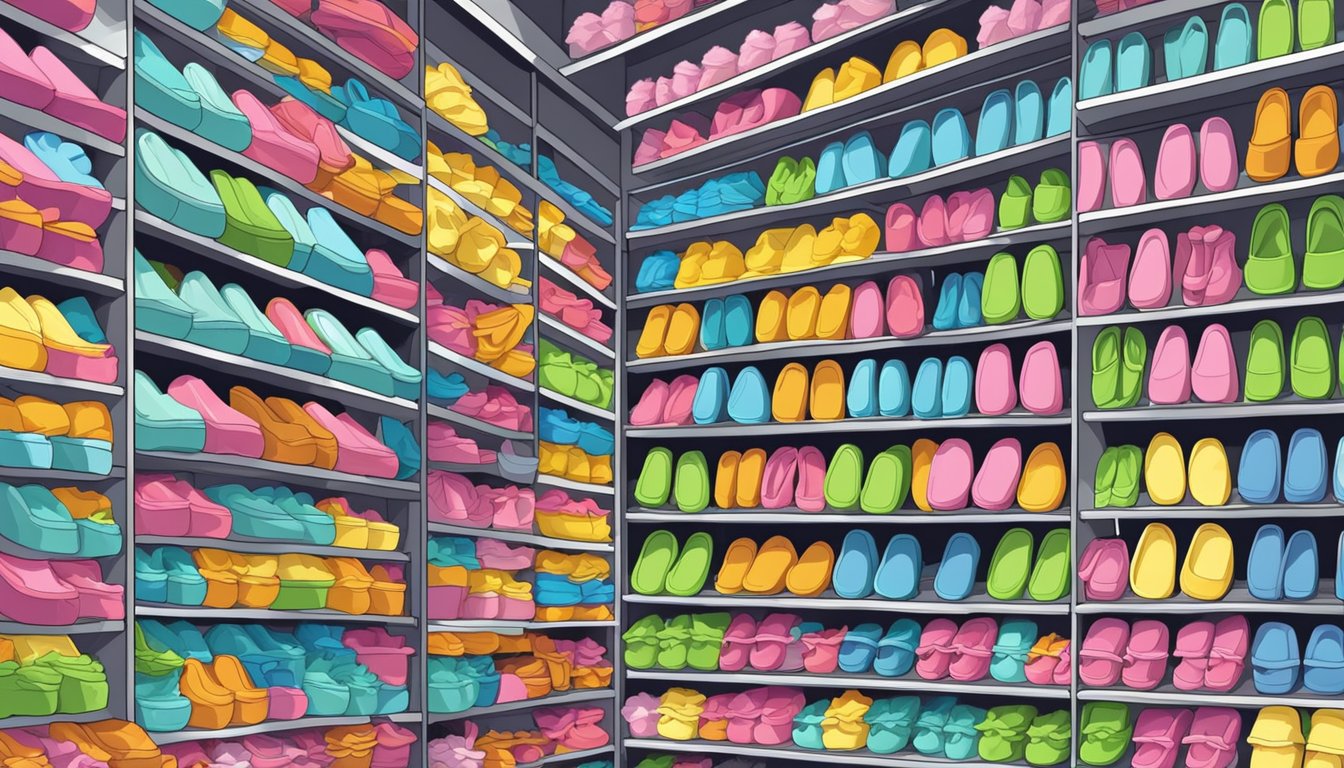 A shelf filled with colorful bathroom slippers, displayed in a store in Singapore