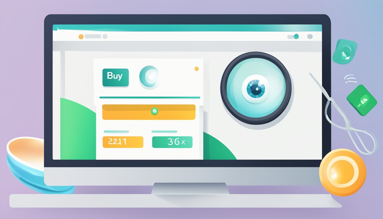A computer screen with a cursor hovering over the "Buy" button next to a pair of contact lenses displayed on a website
