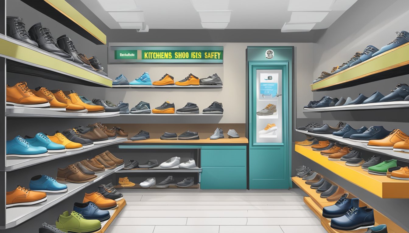 A display of safety shoes in a store, with various styles and sizes, featuring prominent "kitchen safety shoes" signage