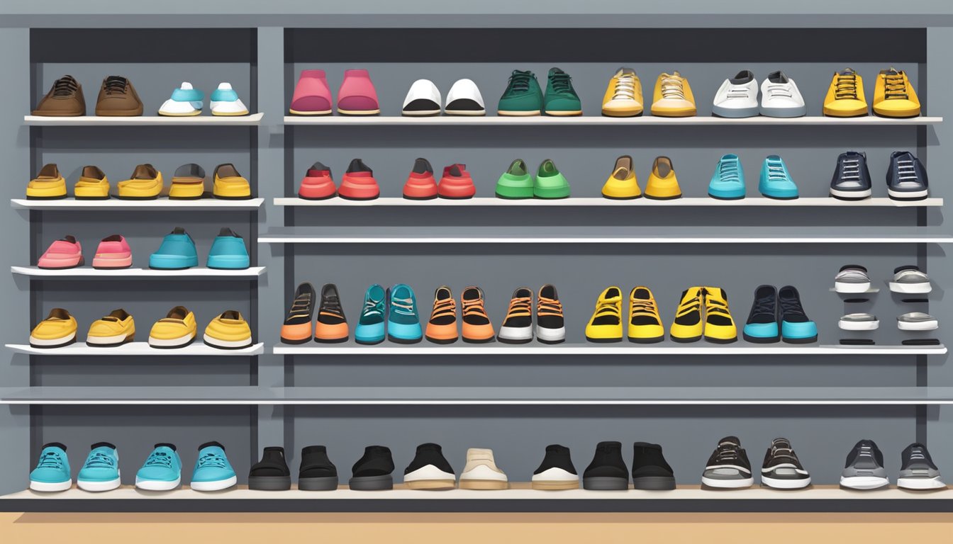 A display of kitchen safety shoes in a Singapore store, with various styles and sizes neatly arranged on shelves