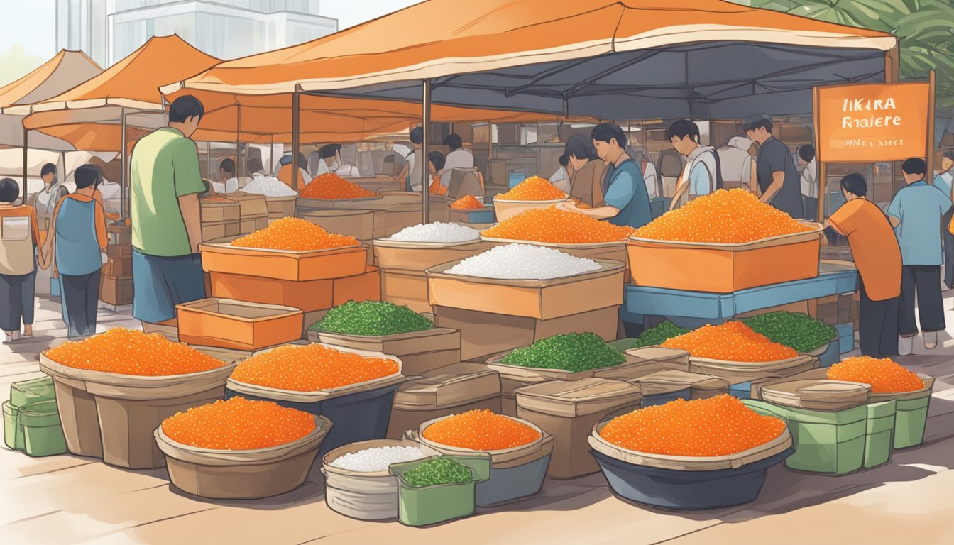 A bustling market stall displays fresh ikura in Singapore. Shimmering orange fish roe glistens in the sunlight, arranged neatly in containers for sale