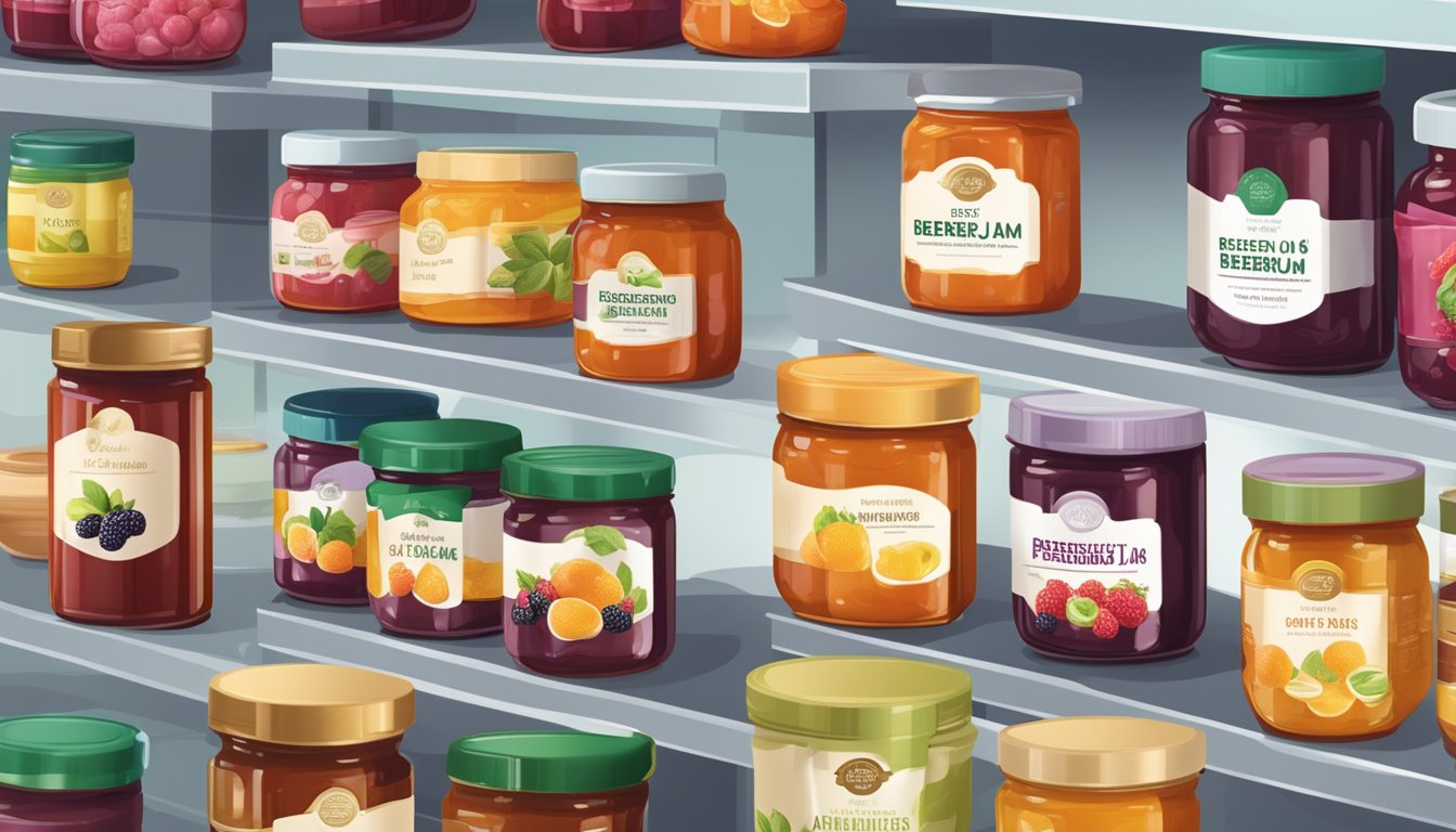 A shelf stocked with various jars of Beerenberg Jam in a modern grocery store in Singapore. Bright labels and organized display
