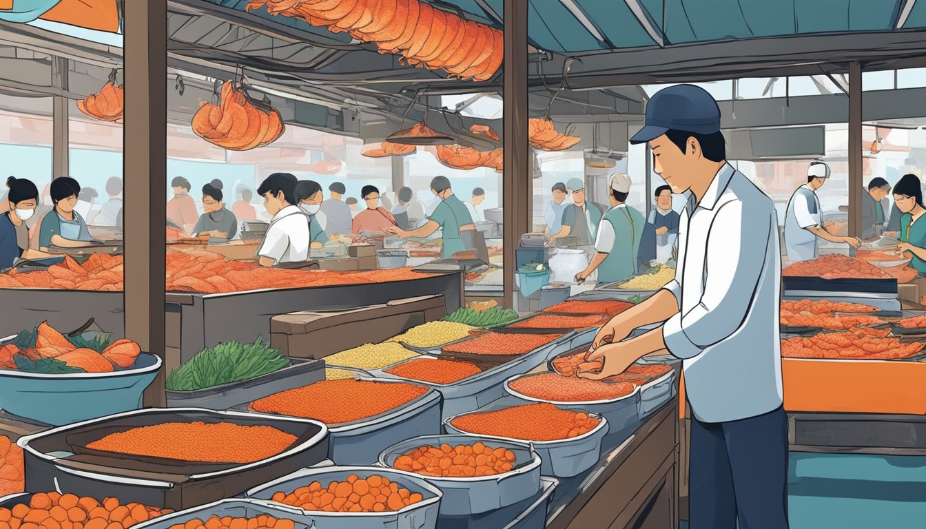 A bustling seafood market with colorful displays of fresh ikura in Singapore. Vendors proudly present their top-quality roe to eager customers