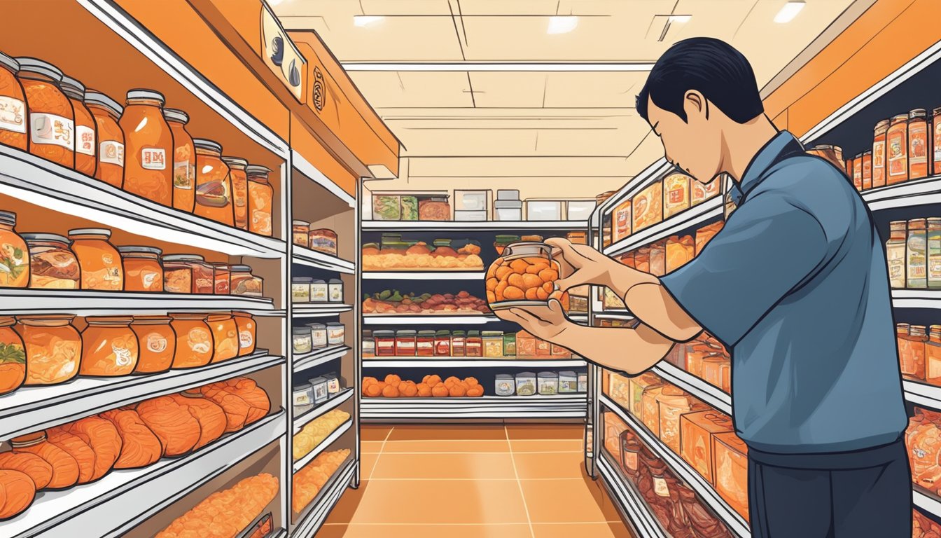 A hand reaches for a jar of ikura at a specialty grocery store in Singapore. The shelves are lined with various seafood products, and the lighting highlights the vibrant orange color of the ikura