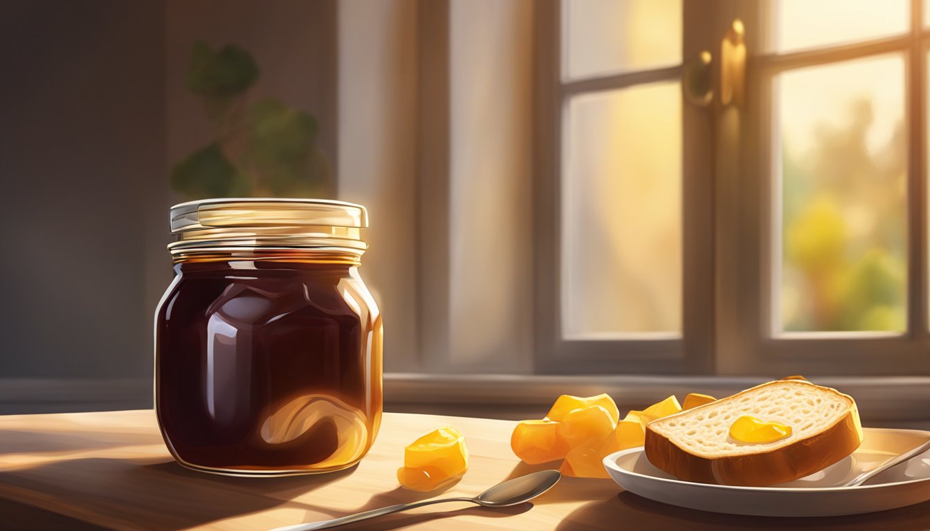 A jar of Beerenberg jam sits open on a table, surrounded by freshly baked bread and a spoon. The warm sunlight streams in through the window, casting a golden glow on the scene