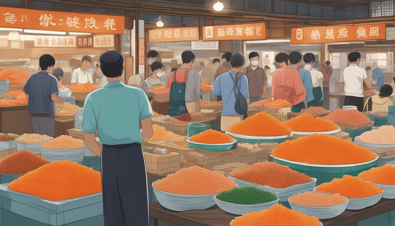 A display of ikura (salmon roe) in a Singaporean market, with various vendors offering the delicacy and customers browsing the selection
