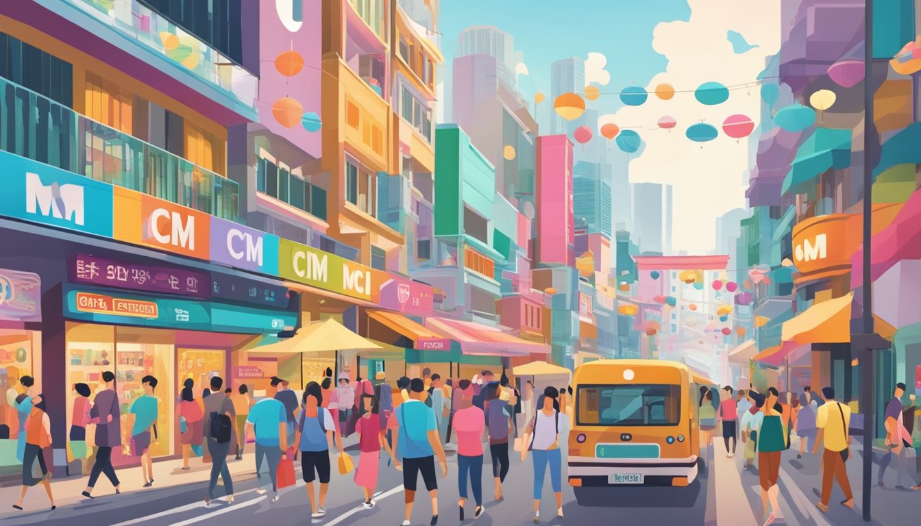 A bustling street in Singapore with colorful storefronts and a prominent sign reading "MCM" in bold letters. Pedestrians walk by, and the atmosphere is vibrant and lively