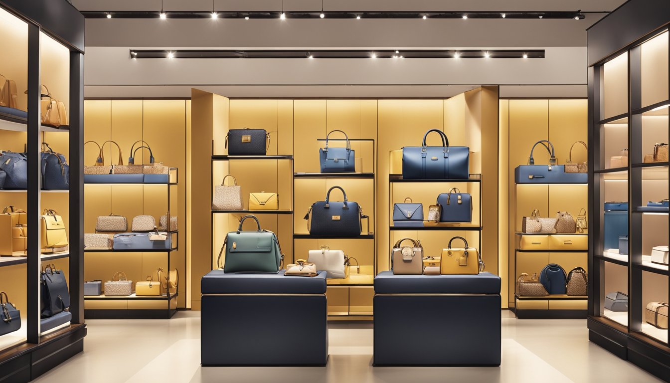 A display of MCM products in a Singapore store, with shelves lined with bags, accessories, and clothing. Bright lighting highlights the luxury items
