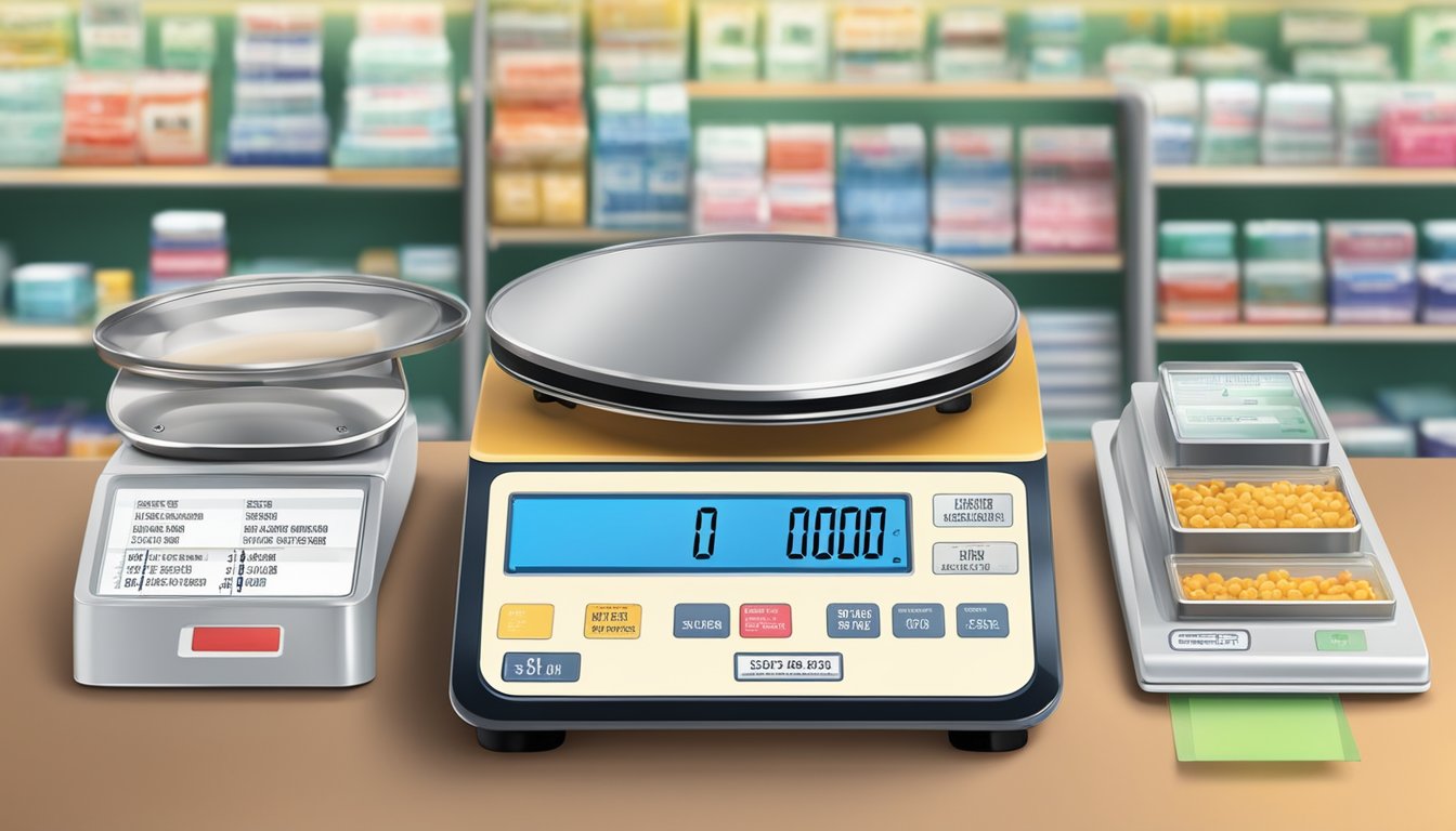 A store display of various weighing scales, with price tags and product information, in a well-lit and organized setting