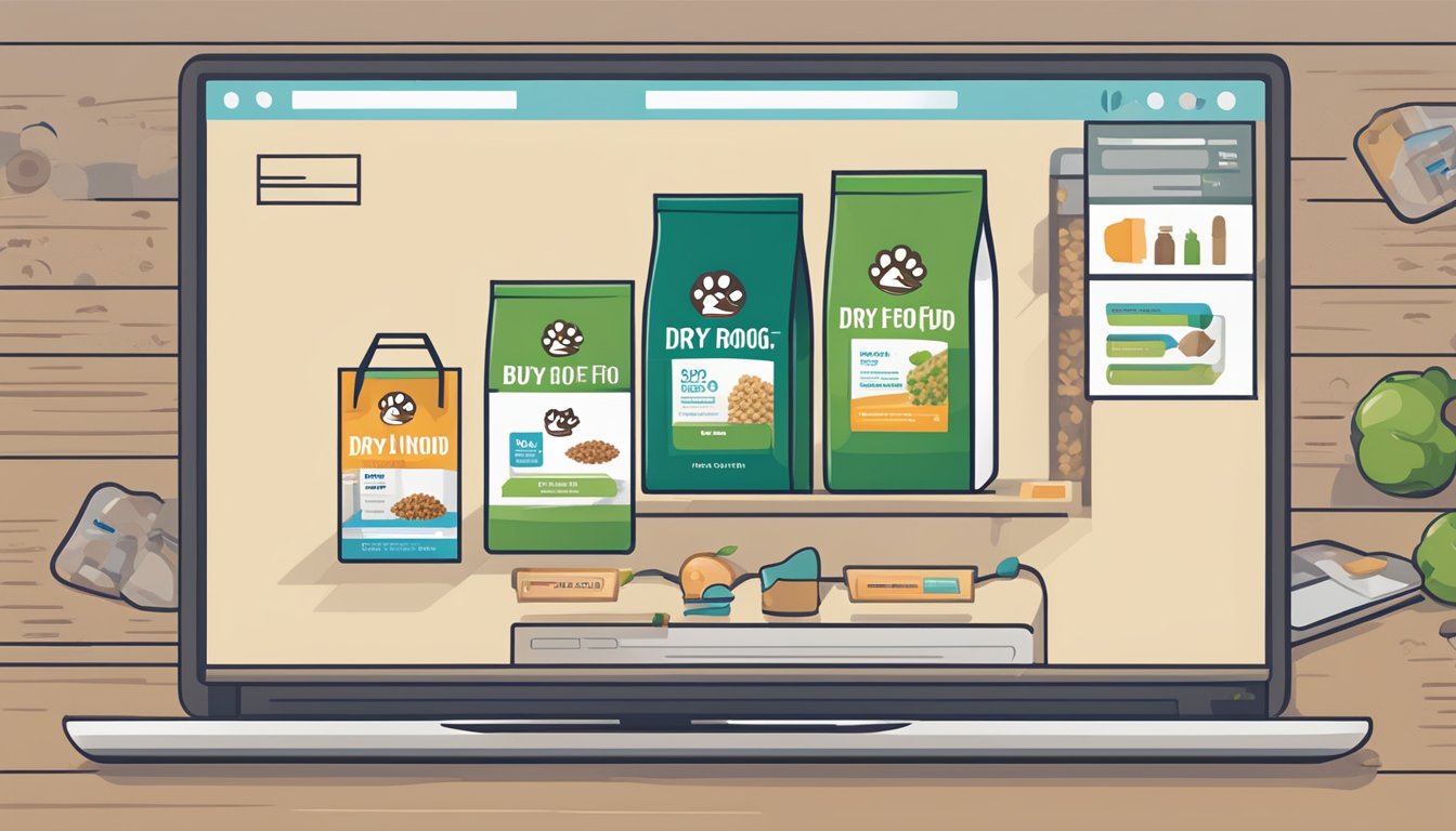 A computer screen displays a website with various brands of dry dog food. A cursor hovers over the "buy now" button