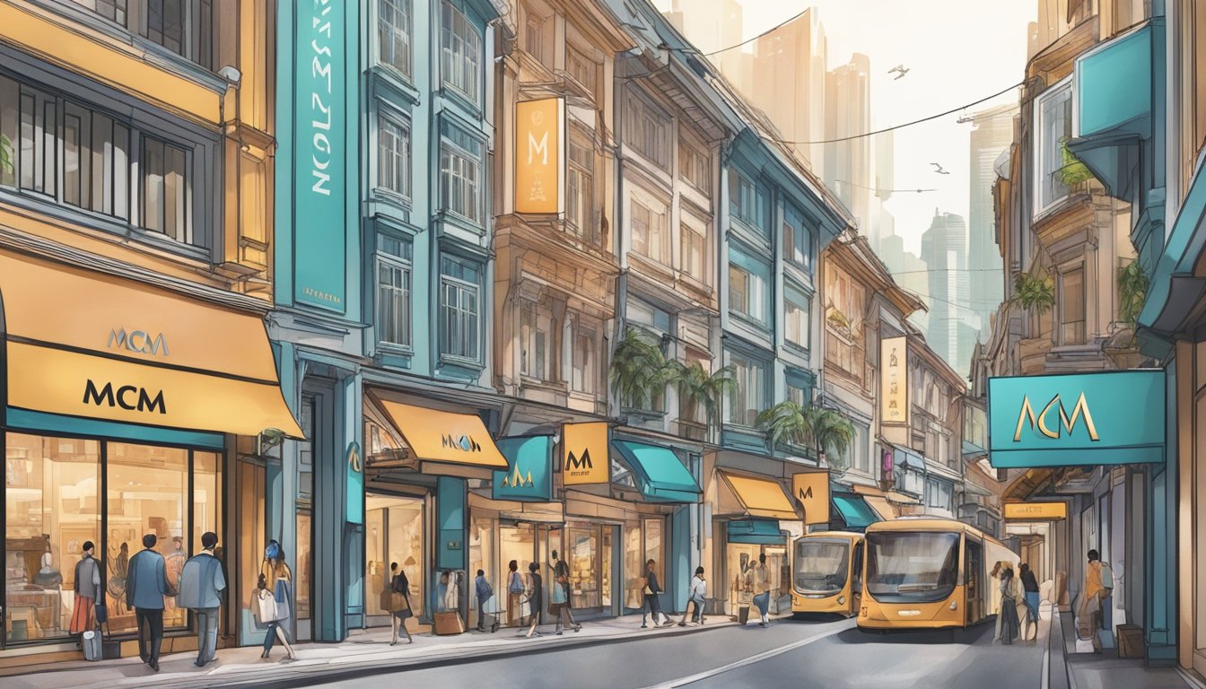 A bustling city street with bright storefronts, featuring a prominent "MCM" logo on a luxury boutique in Singapore