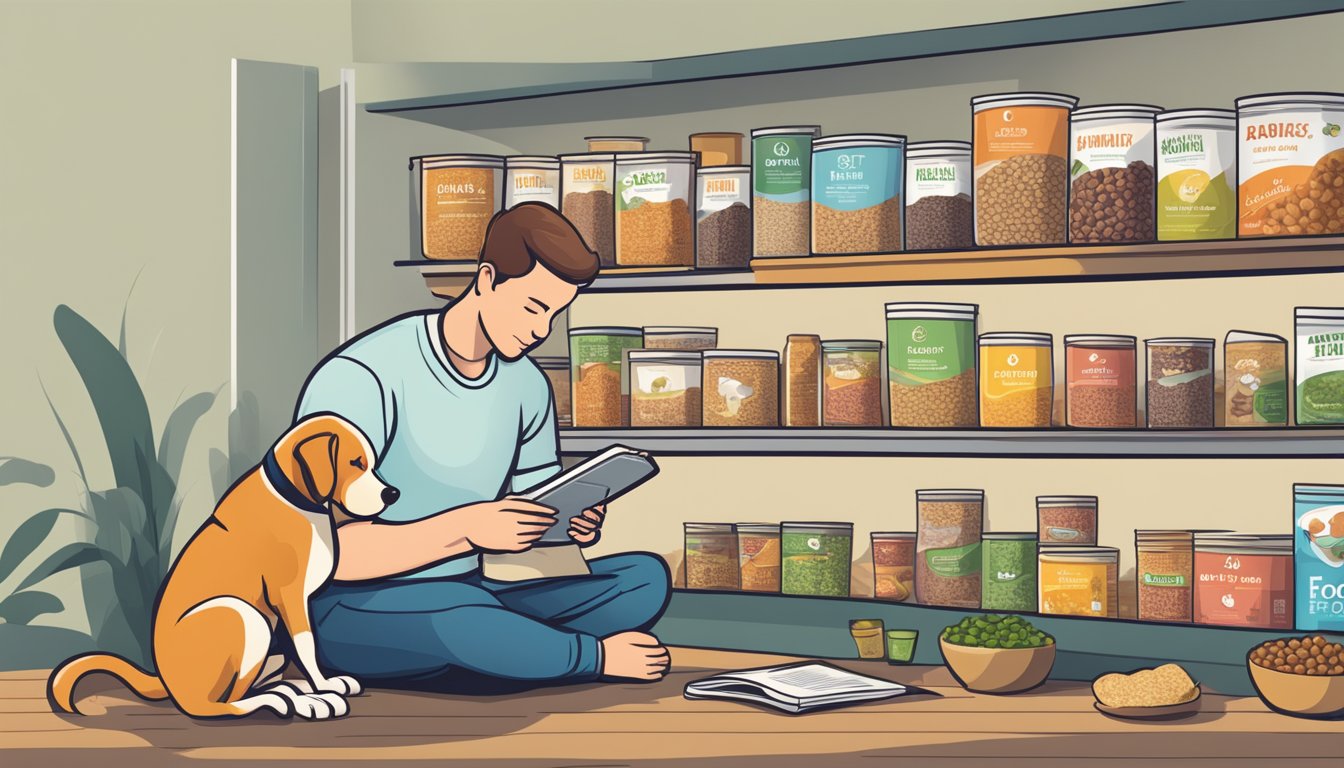 A dog owner browsing a variety of dry dog food options online, carefully reading labels and comparing prices