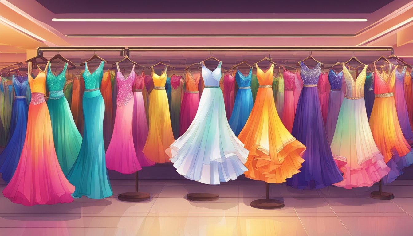 A vibrant store in Singapore displays colorful Latin dance dresses for sale. Bright lights illuminate the racks of flowing skirts and sequined tops