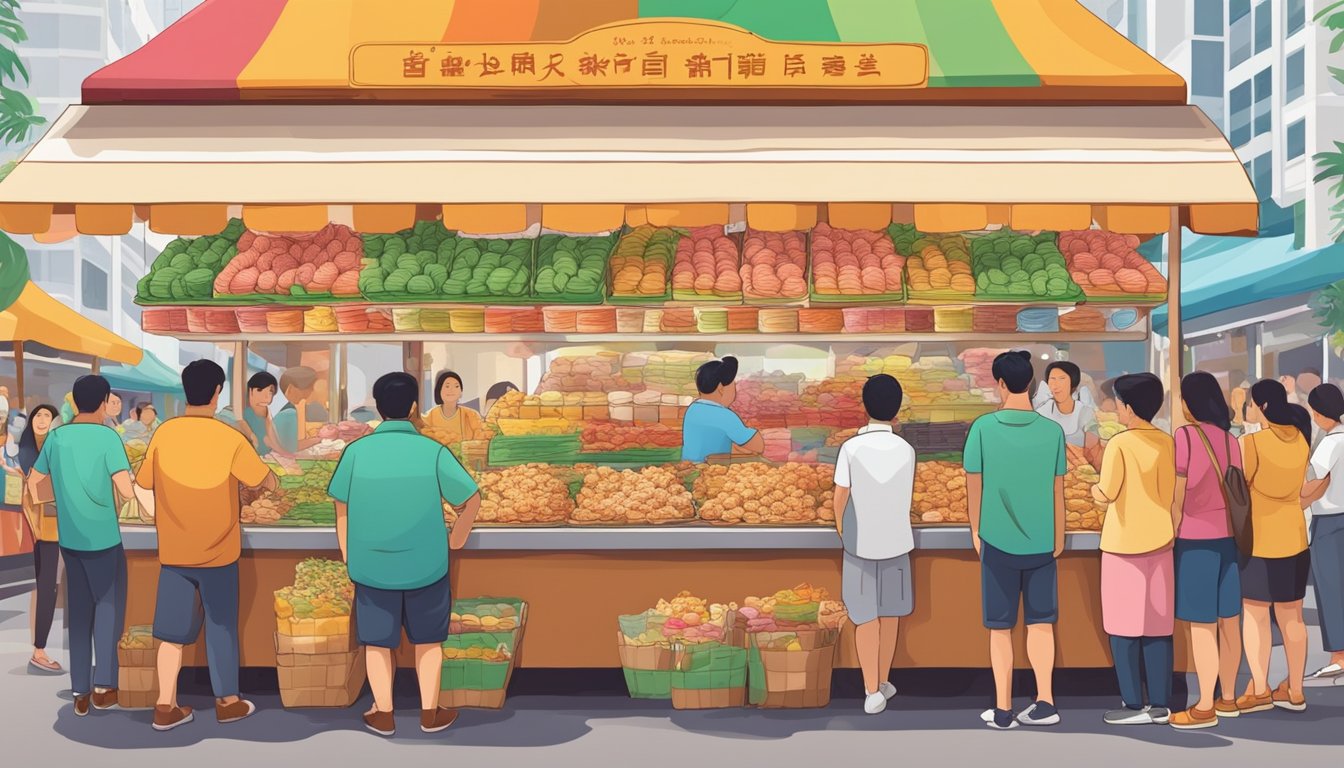 A bustling market stall sells large huat kueh in vibrant colors, surrounded by eager customers in Singapore