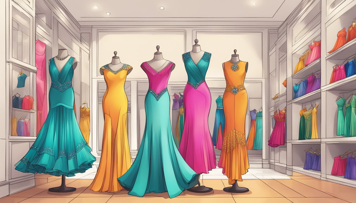 A vibrant display of colorful Latin dance dresses and accessories at a boutique in Singapore