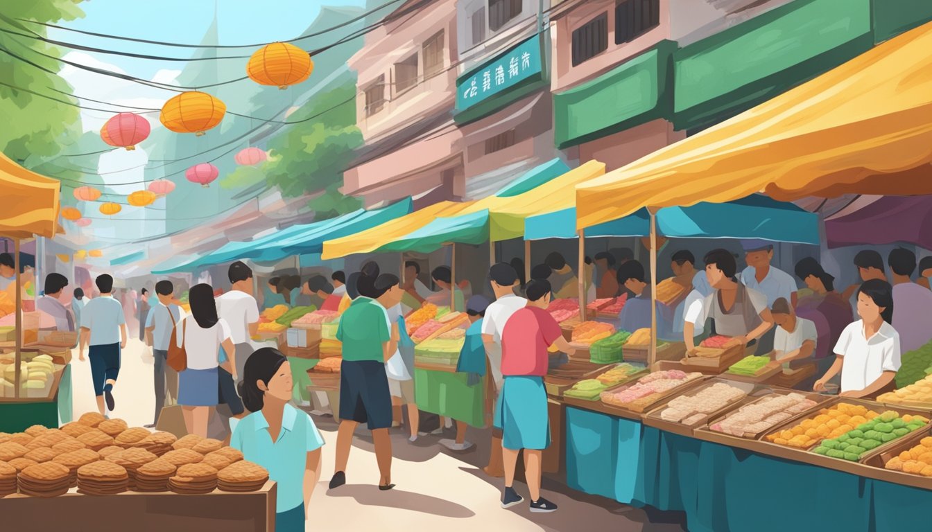 A bustling street market with colorful stalls selling large huat kueh, with vendors eagerly calling out to passersby