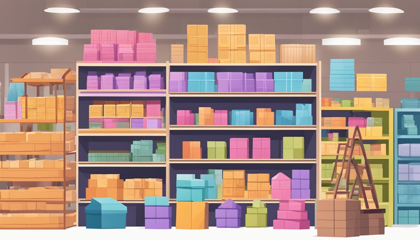 A bustling Singapore marketplace displays Jenga game boxes on a colorful shelf. Customers browse nearby, while a vendor arranges the merchandise