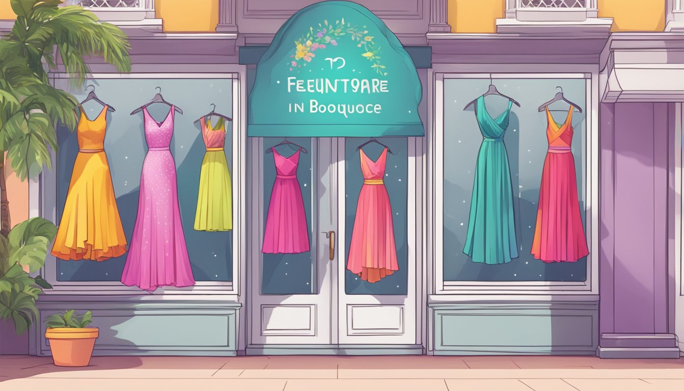 A brightly lit dancewear boutique with racks of colorful Latin dance dresses and a sign reading "Frequently Asked Questions: Where to buy Latin dance dress in Singapore."