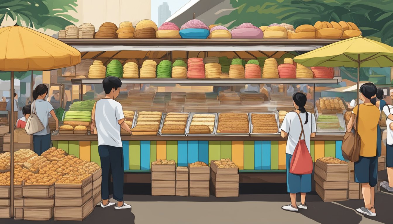 A bustling market stall displays large huat kueh cakes in Singapore