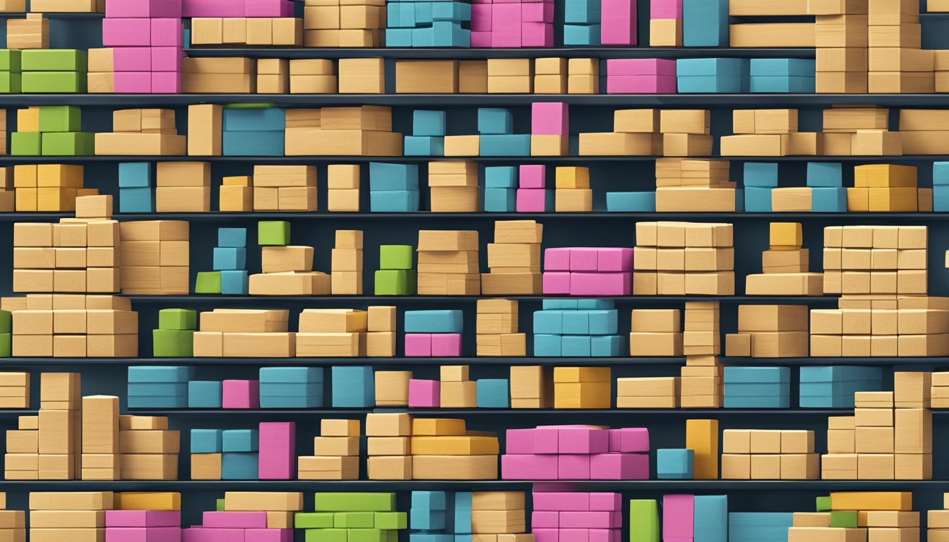 A display of Jenga game sets on a shelf in a Singaporean toy store
