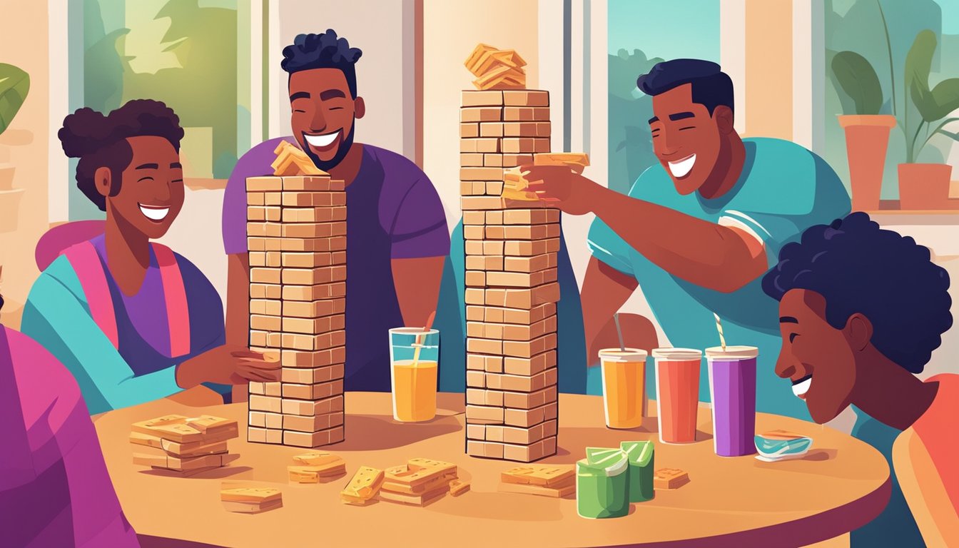 Players laughing around a Jenga tower on a table, with drinks and snacks nearby. Bright colors and a lively atmosphere