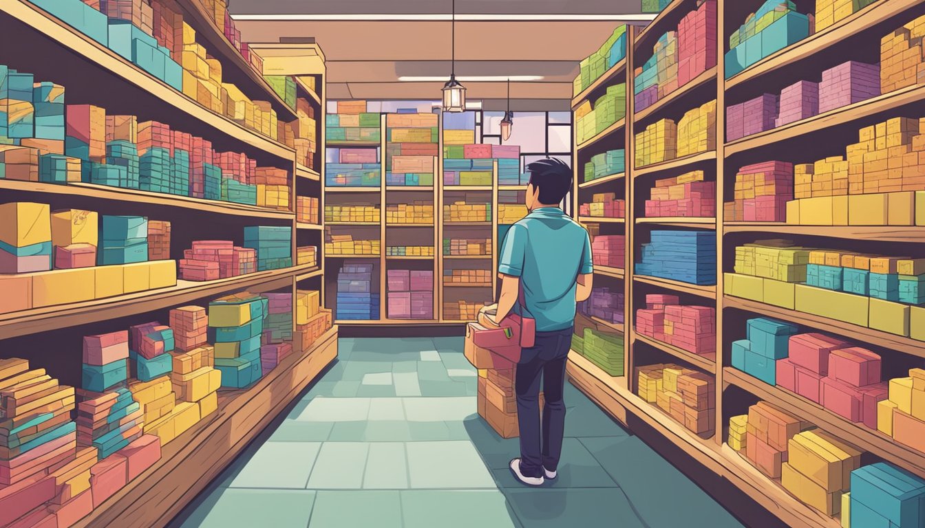 A bright, bustling store in Singapore displays colorful Jenga sets on shelves, with customers browsing and a helpful staff member nearby