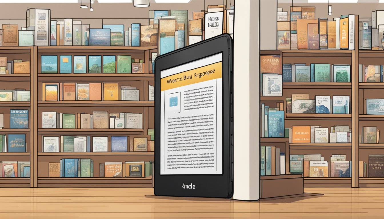 A bookstore display showcases the Kindle Oasis with a sign reading "Where to buy Kindle Oasis in Singapore."