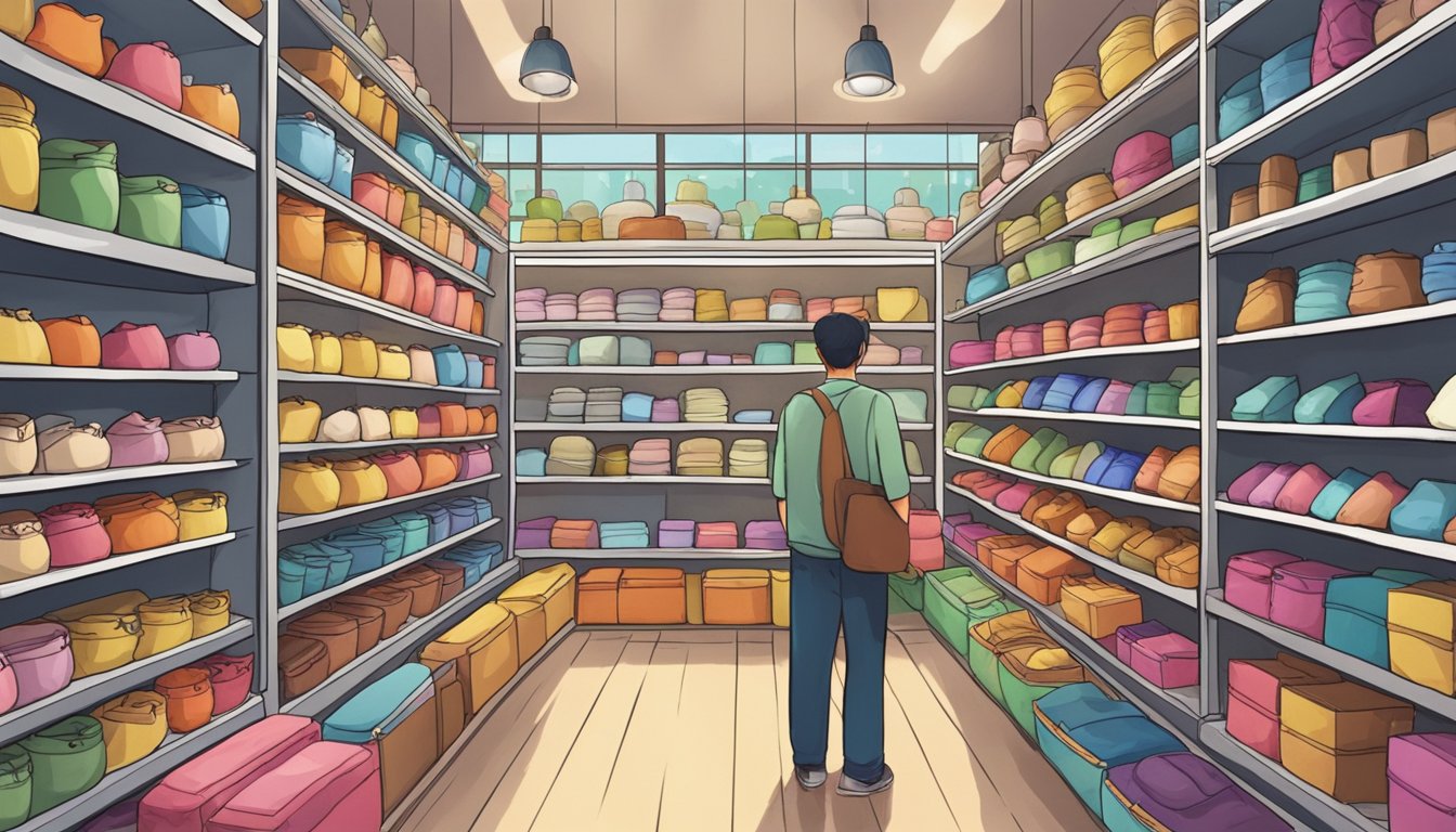 A cozy shop in Singapore, shelves lined with colorful bolsters. A customer carefully examines each one, searching for the perfect one to take home