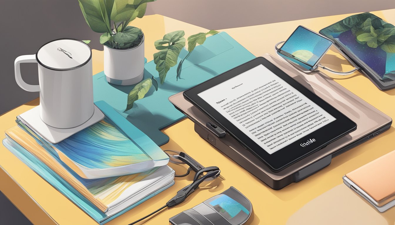 The Kindle Oasis sits on a sleek table, surrounded by various accessories. A bright display showcases the e-reader's features. A nearby sign advertises where to buy the Kindle Oasis in Singapore
