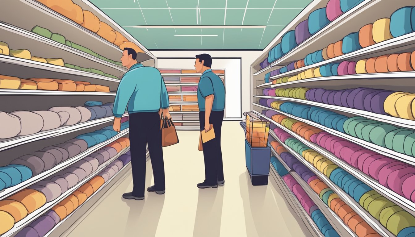 A bright, modern store with shelves stocked with various sizes and colors of bolsters. A helpful salesperson assists a customer in choosing the perfect bolster for their needs
