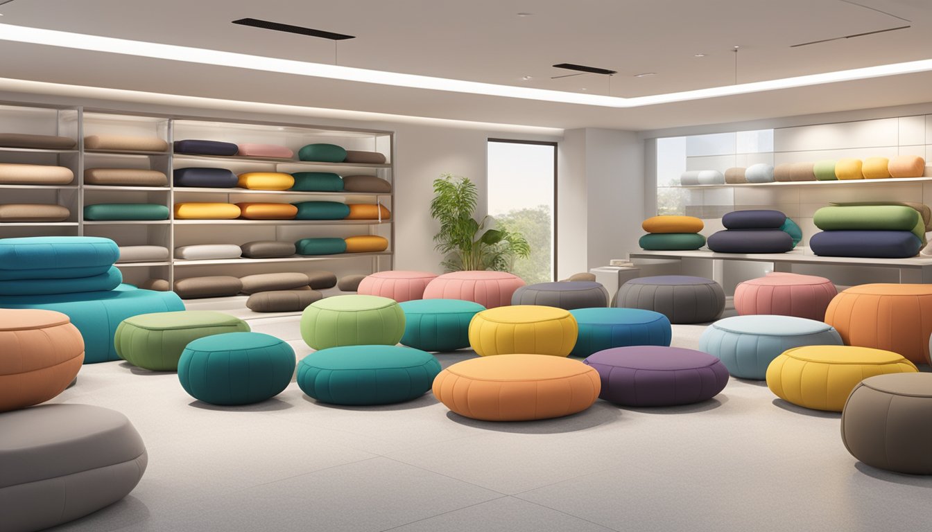A display of various bolster sizes and colors in a well-lit showroom with signage indicating "Where to buy bolster Singapore."