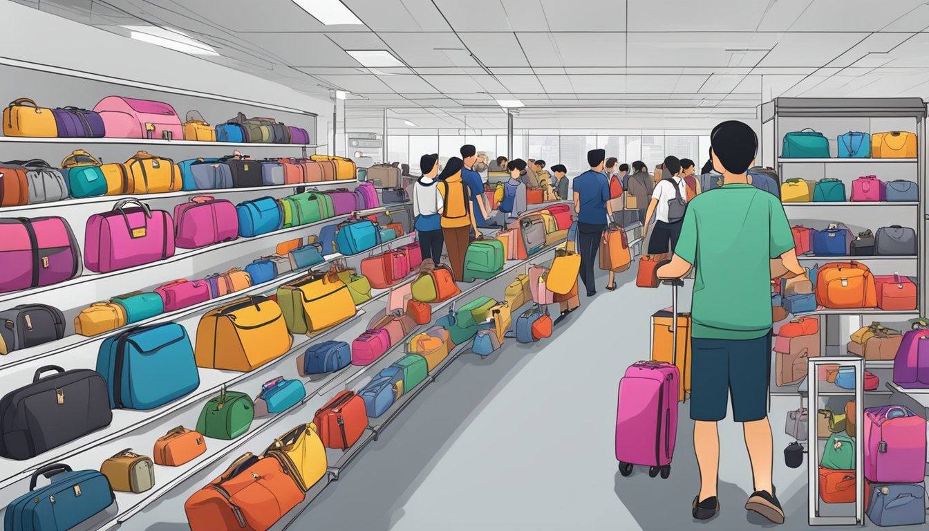 A bustling luggage store in Singapore, with rows of colorful bags on display. Customers browse and compare different sizes and styles, while staff assist with inquiries