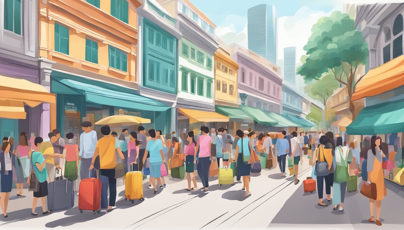 A bustling street in Singapore, with colorful storefronts and a variety of luggage bags on display. Shoppers are browsing and pointing at different options