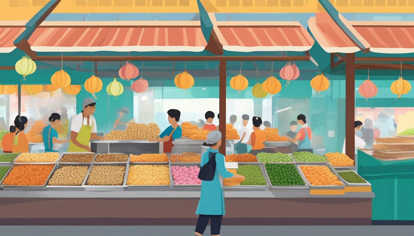 A bustling hawker center in Singapore, with colorful stalls selling traditional Peranakan snacks. A vendor carefully fills small, crispy kueh pie tee cups with a savory mixture of vegetables and prawns