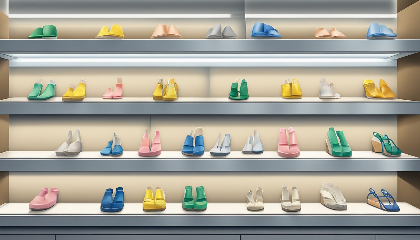 A display of bunion splints on a shelf at a medical supply store in Singapore. Brightly lit, with various sizes and styles available for purchase