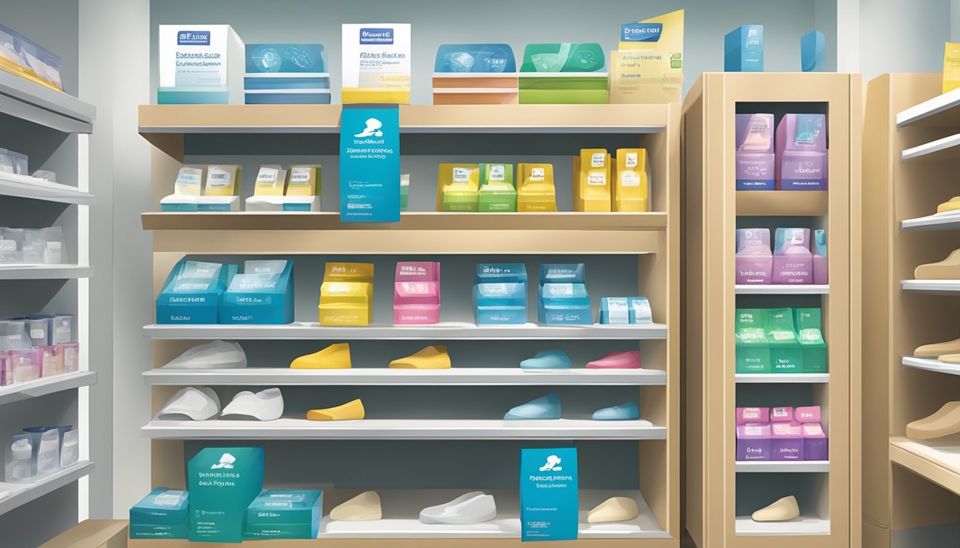 A display of bunion splints on a shelf in a well-lit pharmacy in Singapore. The packaging is colorful and clearly labeled
