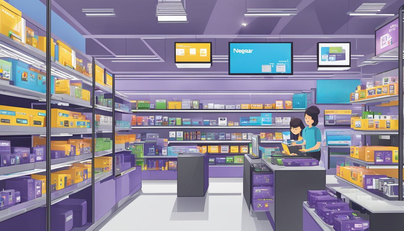 A bustling electronics store in Singapore displays a variety of Netgear products on its shelves, with bright signage and knowledgeable staff assisting customers