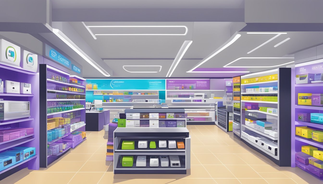 A bright and modern electronics store in Singapore showcases a variety of Netgear products, neatly displayed on shelves and accompanied by informative signage